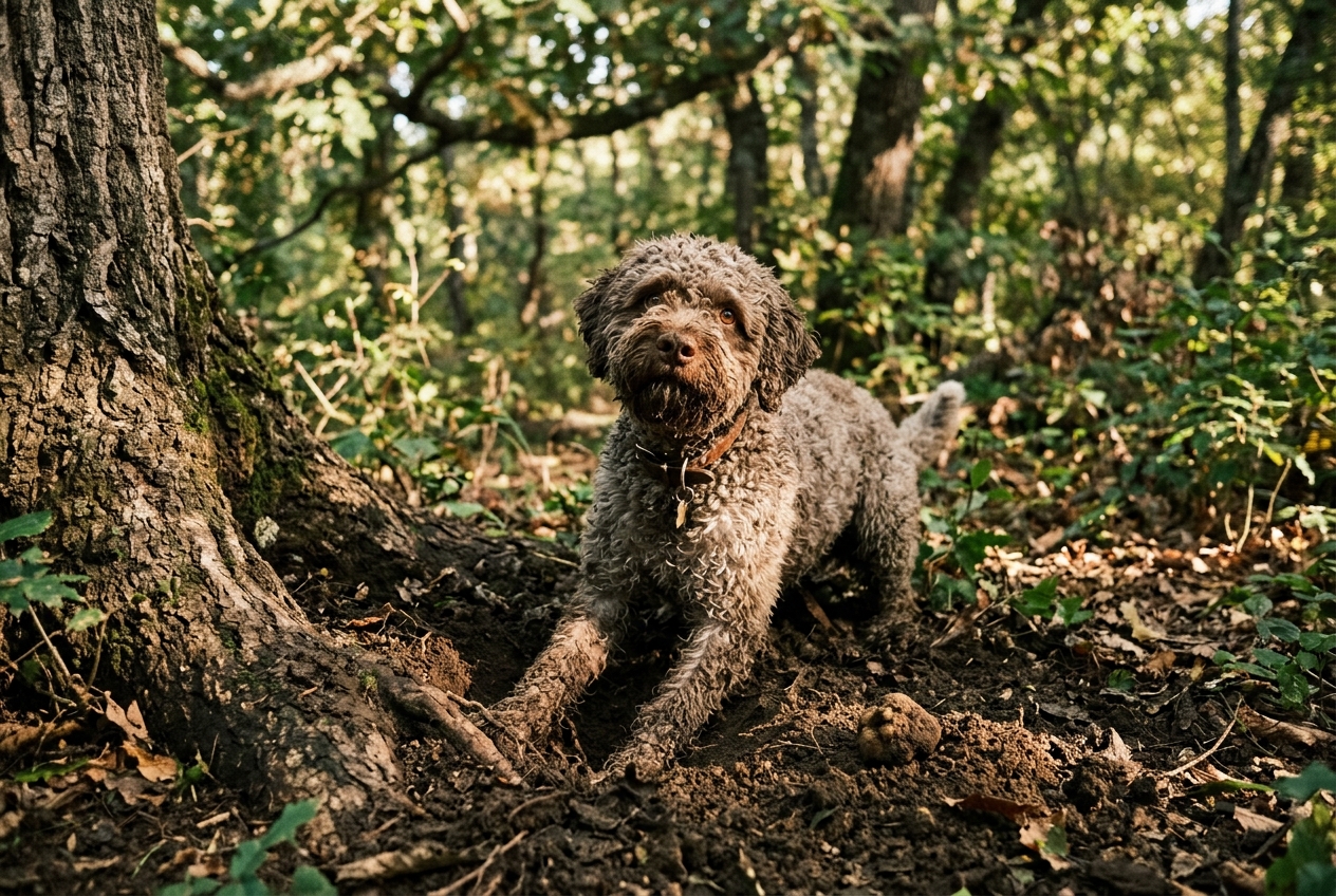 Lagotto Romagnolo truffle dog digging in the Tuscan woods