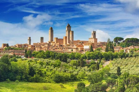 Scenic panorama of San Gimignano and its vineyards where vernaccia is produced