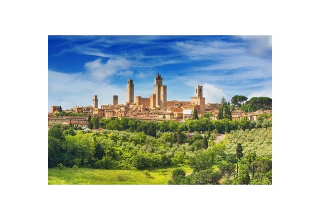 Scenic panorama of San Gimignano and its vineyards where vernaccia is produced
